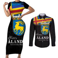 Happy Aland's Autonomy Day Couples Matching Short Sleeve Bodycon Dress and Long Sleeve Button Shirt Coat Of Arms