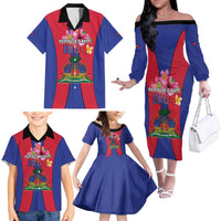 Personalized Haiti Coat Of Arms Family Matching Off The Shoulder Long Sleeve Dress and Hawaiian Shirt With Flag Color - Wonder Print Shop