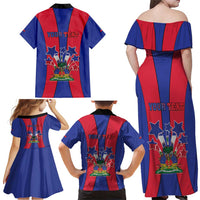 Personalized Haiti Coat Of Arms Family Matching Off Shoulder Maxi Dress and Hawaiian Shirt With Flag Color - Wonder Print Shop