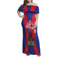 Personalized Haiti Coat Of Arms Family Matching Off Shoulder Maxi Dress and Hawaiian Shirt With Flag Color - Wonder Print Shop