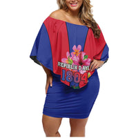 Personalized Haiti Coat Of Arms Family Matching Off Shoulder Short Dress and Hawaiian Shirt With Flag Color - Wonder Print Shop