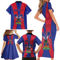Personalized Haiti Coat Of Arms Family Matching Short Sleeve Bodycon Dress and Hawaiian Shirt With Flag Color - Wonder Print Shop