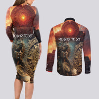 Personalized Mexican Aztec Warriors Couples Matching Long Sleeve Bodycon Dress and Long Sleeve Button Shirt - Wonder Print Shop