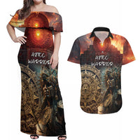 Personalized Mexican Aztec Warriors Couples Matching Off Shoulder Maxi Dress and Hawaiian Shirt - Wonder Print Shop