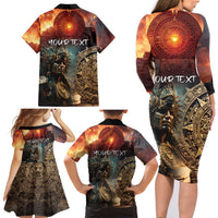 Personalized Mexican Aztec Warriors Family Matching Long Sleeve Bodycon Dress and Hawaiian Shirt - Wonder Print Shop