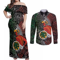 Personalized Mexican Tribal Aztec Warriors Couples Matching Off Shoulder Maxi Dress and Long Sleeve Button Shirt Aztec Sun God - Wonder Print Shop