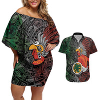 Personalized Mexican Tribal Aztec Warriors Couples Matching Off Shoulder Short Dress and Hawaiian Shirt Aztec Sun God - Wonder Print Shop