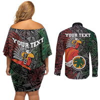 Personalized Mexican Tribal Aztec Warriors Couples Matching Off Shoulder Short Dress and Long Sleeve Button Shirt Aztec Sun God - Wonder Print Shop