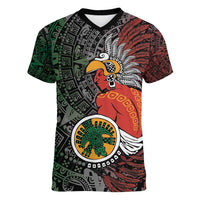 Personalized Mexican Tribal Aztec Warriors Women V-Neck T-Shirt Aztec Sun God - Wonder Print Shop