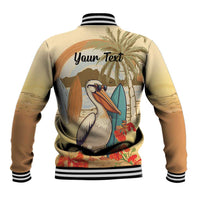 Personalized Saint Kitts And Nevis Baseball Jacket Brown Pelican Beach Vibe - Wonder Print Shop