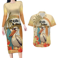 Personalized Saint Kitts And Nevis Couples Matching Long Sleeve Bodycon Dress and Hawaiian Shirt Brown Pelican Beach Vibe - Wonder Print Shop