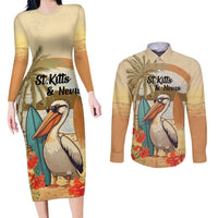 Personalized Saint Kitts And Nevis Couples Matching Long Sleeve Bodycon Dress and Long Sleeve Button Shirt Brown Pelican Beach Vibe - Wonder Print Shop