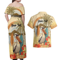 Personalized Saint Kitts And Nevis Couples Matching Off Shoulder Maxi Dress and Hawaiian Shirt Brown Pelican Beach Vibe - Wonder Print Shop
