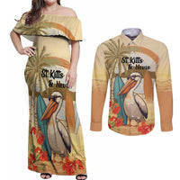 Personalized Saint Kitts And Nevis Couples Matching Off Shoulder Maxi Dress and Long Sleeve Button Shirt Brown Pelican Beach Vibe - Wonder Print Shop