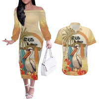 Personalized Saint Kitts And Nevis Couples Matching Off The Shoulder Long Sleeve Dress and Hawaiian Shirt Brown Pelican Beach Vibe - Wonder Print Shop
