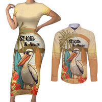 Personalized Saint Kitts And Nevis Couples Matching Short Sleeve Bodycon Dress and Long Sleeve Button Shirt Brown Pelican Beach Vibe - Wonder Print Shop