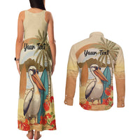 Personalized Saint Kitts And Nevis Couples Matching Tank Maxi Dress and Long Sleeve Button Shirt Brown Pelican Beach Vibe - Wonder Print Shop