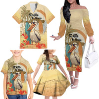 Personalized Saint Kitts And Nevis Family Matching Off The Shoulder Long Sleeve Dress and Hawaiian Shirt Brown Pelican Beach Vibe - Wonder Print Shop
