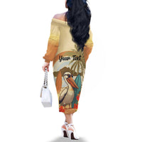 Personalized Saint Kitts And Nevis Family Matching Off The Shoulder Long Sleeve Dress and Hawaiian Shirt Brown Pelican Beach Vibe - Wonder Print Shop