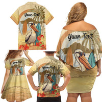 Personalized Saint Kitts And Nevis Family Matching Off Shoulder Short Dress and Hawaiian Shirt Brown Pelican Beach Vibe - Wonder Print Shop