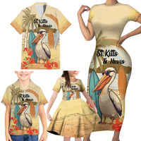 Personalized Saint Kitts And Nevis Family Matching Short Sleeve Bodycon Dress and Hawaiian Shirt Brown Pelican Beach Vibe - Wonder Print Shop
