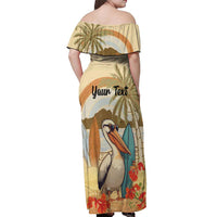 Personalized Saint Kitts And Nevis Off Shoulder Maxi Dress Brown Pelican Beach Vibe - Wonder Print Shop