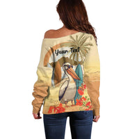 Personalized Saint Kitts And Nevis Off Shoulder Sweater Brown Pelican Beach Vibe - Wonder Print Shop