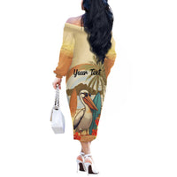 Personalized Saint Kitts And Nevis Off The Shoulder Long Sleeve Dress Brown Pelican Beach Vibe - Wonder Print Shop