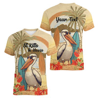 Personalized Saint Kitts And Nevis Women V-Neck T-Shirt Brown Pelican Beach Vibe - Wonder Print Shop