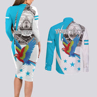 Personalized Honduras Independence Day Couples Matching Long Sleeve Bodycon Dress and Long Sleeve Button Shirt Scarlet Macaw With Coat Of Arms LT18