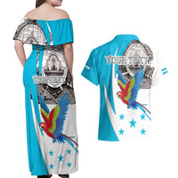 Personalized Honduras Independence Day Couples Matching Off Shoulder Maxi Dress and Hawaiian Shirt Scarlet Macaw With Coat Of Arms LT18