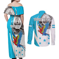 Personalized Honduras Independence Day Couples Matching Off Shoulder Maxi Dress and Long Sleeve Button Shirt Scarlet Macaw With Coat Of Arms LT18