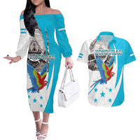 Personalized Honduras Independence Day Couples Matching Off The Shoulder Long Sleeve Dress and Hawaiian Shirt Scarlet Macaw With Coat Of Arms LT18
