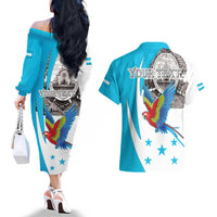 Personalized Honduras Independence Day Couples Matching Off The Shoulder Long Sleeve Dress and Hawaiian Shirt Scarlet Macaw With Coat Of Arms LT18