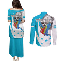 Personalized Honduras Independence Day Couples Matching Puletasi and Long Sleeve Button Shirt Scarlet Macaw With Coat Of Arms LT18