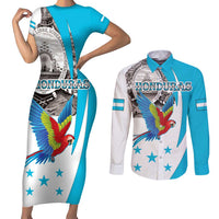 Personalized Honduras Independence Day Couples Matching Short Sleeve Bodycon Dress and Long Sleeve Button Shirt Scarlet Macaw With Coat Of Arms LT18
