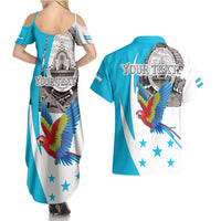 Personalized Honduras Independence Day Couples Matching Summer Maxi Dress and Hawaiian Shirt Scarlet Macaw With Coat Of Arms LT18