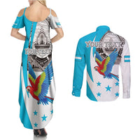 Personalized Honduras Independence Day Couples Matching Summer Maxi Dress and Long Sleeve Button Shirt Scarlet Macaw With Coat Of Arms LT18