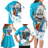 Personalized Honduras Independence Day Family Matching Long Sleeve Bodycon Dress and Hawaiian Shirt Scarlet Macaw With Coat Of Arms LT18