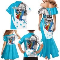 Personalized Honduras Independence Day Family Matching Mermaid Dress and Hawaiian Shirt Scarlet Macaw With Coat Of Arms LT18