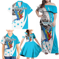 Personalized Honduras Independence Day Family Matching Off Shoulder Maxi Dress and Hawaiian Shirt Scarlet Macaw With Coat Of Arms LT18