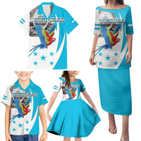 Personalized Honduras Independence Day Family Matching Puletasi and Hawaiian Shirt Scarlet Macaw With Coat Of Arms LT18