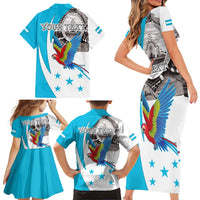 Personalized Honduras Independence Day Family Matching Short Sleeve Bodycon Dress and Hawaiian Shirt Scarlet Macaw With Coat Of Arms LT18