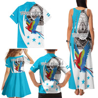 Personalized Honduras Independence Day Family Matching Tank Maxi Dress and Hawaiian Shirt Scarlet Macaw With Coat Of Arms LT18