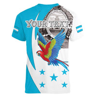 Personalized Honduras Independence Day Women V-Neck T-Shirt Scarlet Macaw With Coat Of Arms LT18