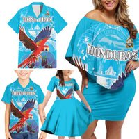 Custom Honduras Independence Day Family Matching Off Shoulder Short Dress and Hawaiian Shirt Scarlet Macaw With Orchid Flower - Wonder Print Shop