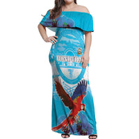 Custom Honduras Independence Day Off Shoulder Maxi Dress Scarlet Macaw With Orchid Flower - Wonder Print Shop