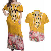 Africa Dashiki Couples Matching Off Shoulder Maxi Dress and Hawaiian Shirt King Protea Floral Motif Patterns - Wonder Print Shop
