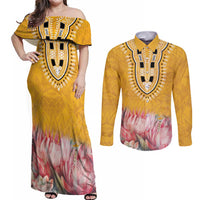 Africa Dashiki Couples Matching Off Shoulder Maxi Dress and Long Sleeve Button Shirt King Protea Floral Motif Patterns - Wonder Print Shop