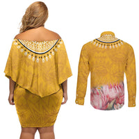 Africa Dashiki Couples Matching Off Shoulder Short Dress and Long Sleeve Button Shirt King Protea Floral Motif Patterns - Wonder Print Shop